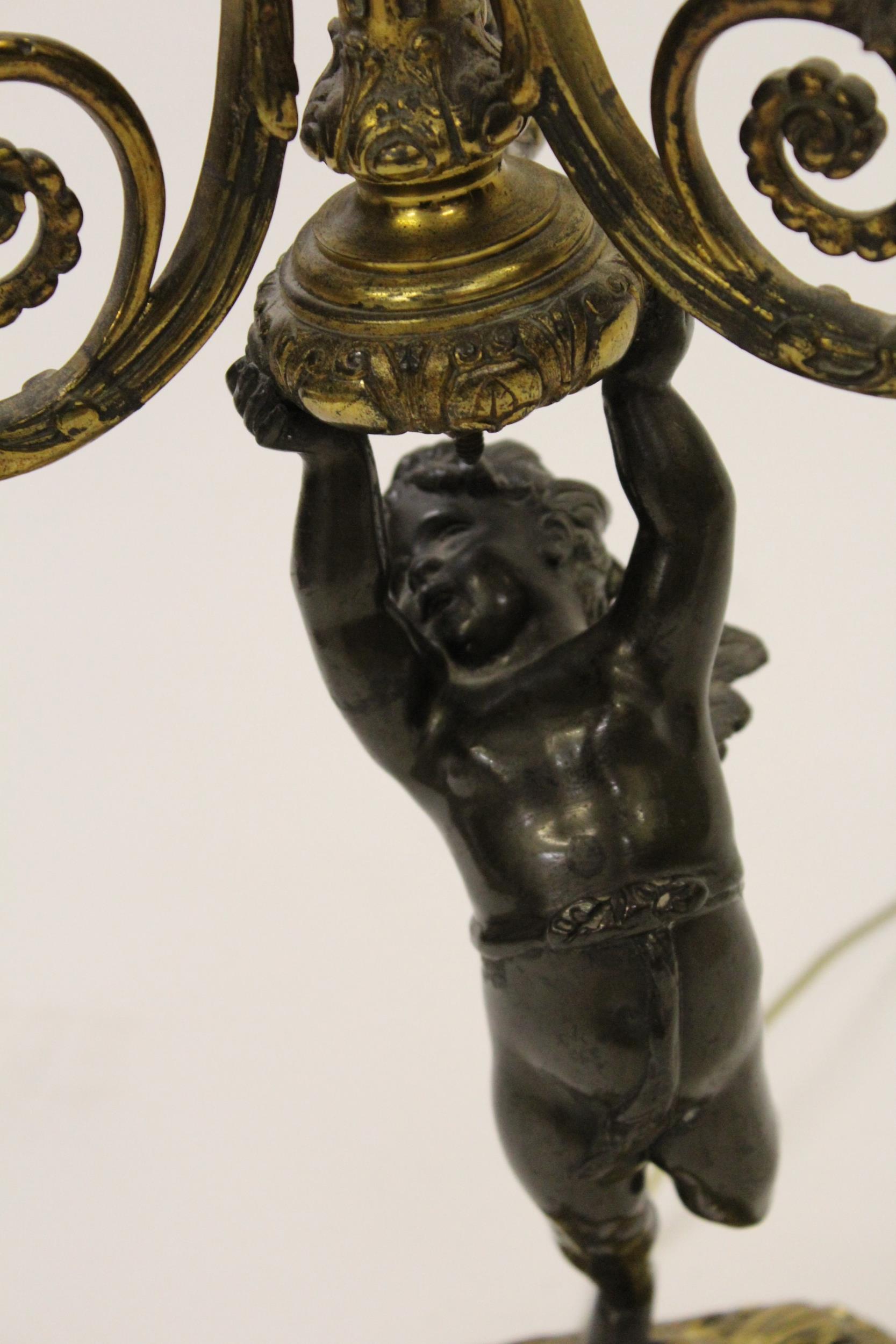 19th Century dark patinated and gilt bronze candelabra adapted for use as a lamp, 19ins high - Image 2 of 2