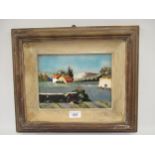 Scarpelli of Florence, pietra dura rectangular plaque, lake scene with buildings and cottages,