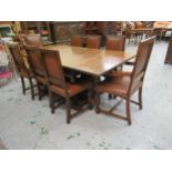 Good quality oak dining room suite circa 1930 comprising: refectory style draw-leaf dining table