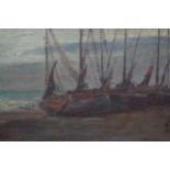 A. Parker signed early 20th Century oil on canvas, coastal view at dusk with beached boats, 10ins