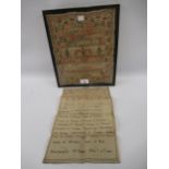 Early 19th Century needlework alphabet and pictorial sampler, signed Mary Aldren, 180...., 11ins x