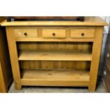 Modern light oak side cabinet with three drawers above two open shelves, 47ins wide