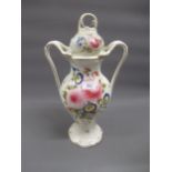 Large 19th Century English two handled baluster form vase and cover handpainted with bouquets of