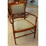 Edwardian mahogany satinwood, crossbanded and line inlaid open arm drawing room chair, together with