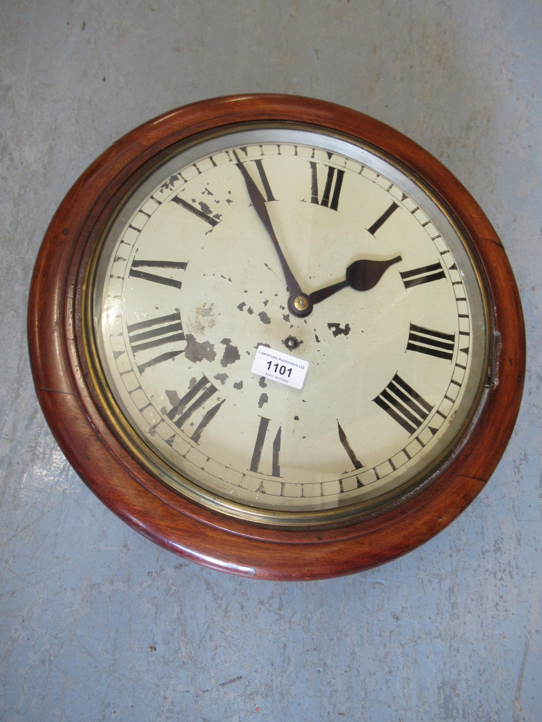 19th Century circular mahogany wall clock, the painted dial with Roman numerals, with a single train