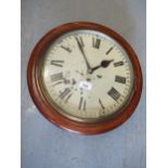 19th Century circular mahogany wall clock, the painted dial with Roman numerals, with a single train