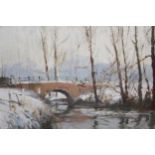 Stanley Orchart, signed oil on board of river landscape with stone bridge, inscribed on gallery