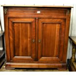 Reproduction fruitwood side cabinet, the moulded top above two concealed side drawers above two