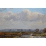 Framed oil, view across a marshland landscape, old label verso ' R.A.K Marshall ', 5.5ins x 9ins