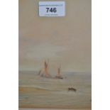 E. Lewis, watercolour, two masted ship at sea, signed, 7ins x 6.5ins, framed together with a John