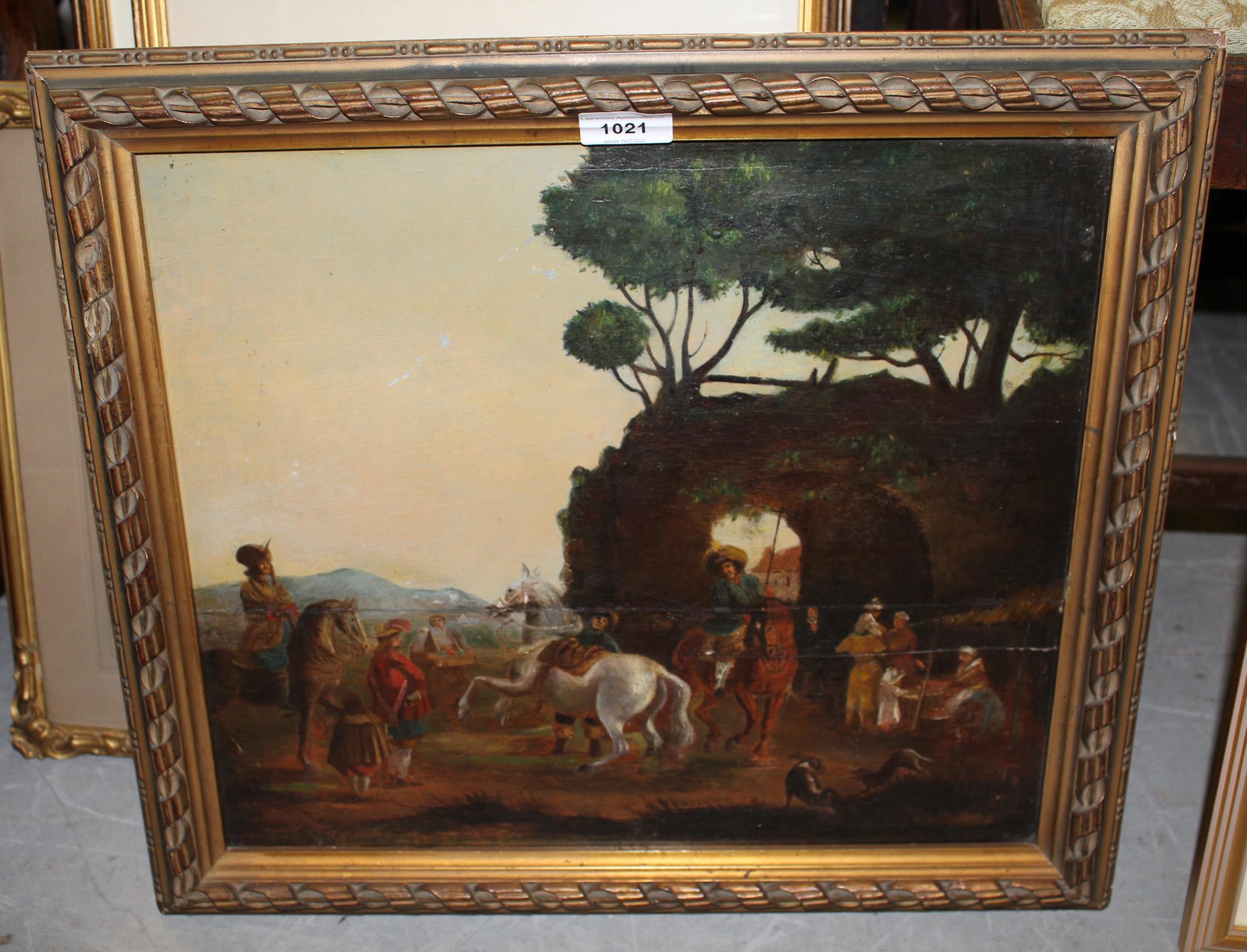 18th Century Continental oil on panel, figures and horses before an archway with trees above ( - Image 2 of 3