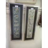 Two 19th Century Chinese silkwork sleeve panels, each approximately 18.5ins x 4ins, framed