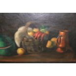 Pair of 19th Century Continental oil paintings on canvas, still life of fruit, vegetables and