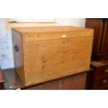 Large late 19th Century pine blanket box, with hinged cover and iron side carrying handles