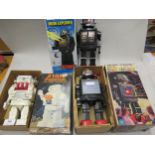 Three various boxed plastic robots, Space Explorer, Star Fighter and Moon Explorer