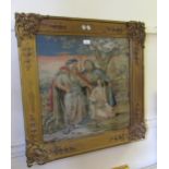 19th Century needlework picture depicting a group of figures beneath a tree, 21.5ins x 22ins