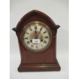 Large Edwardian mahogany marquetry inlaid arched top mantel clock, the enamel dial with Roman