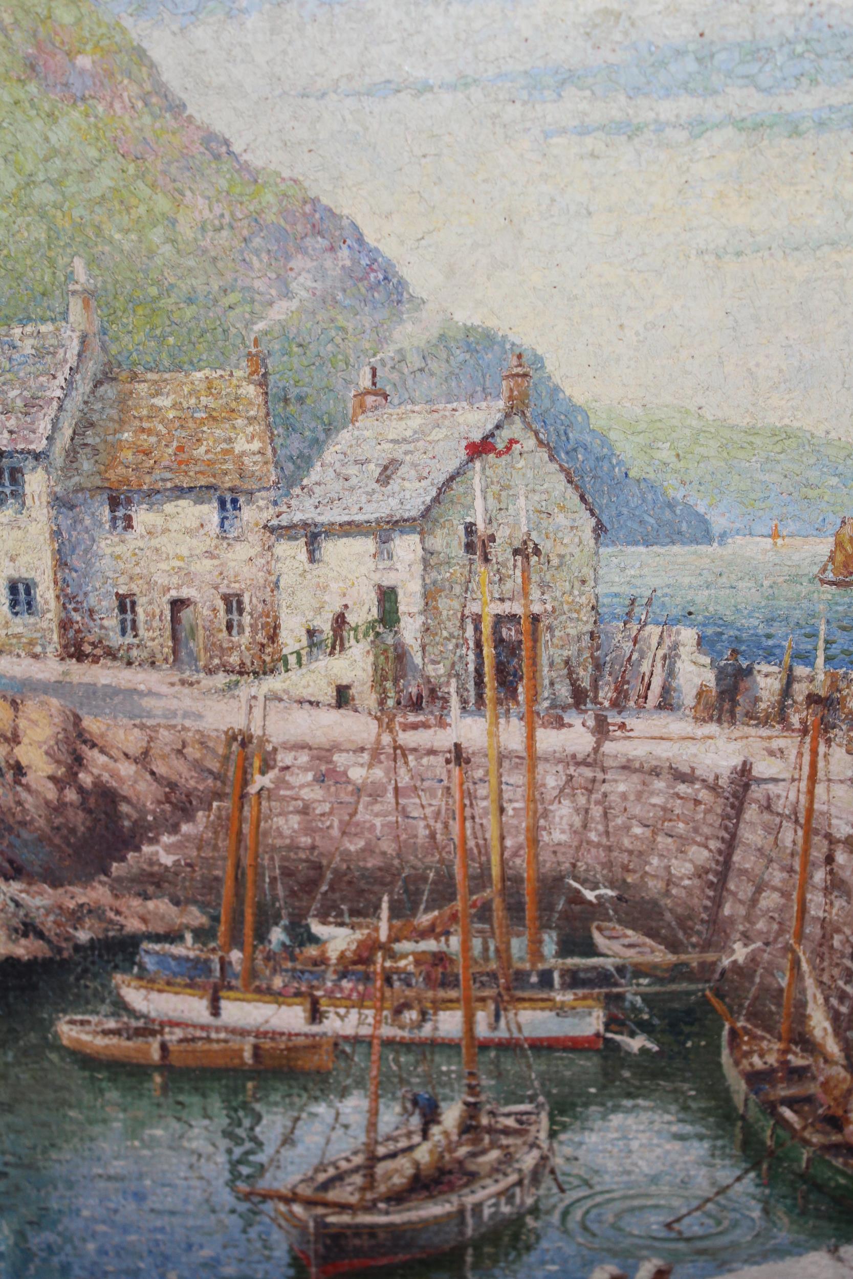 Two unframed oils on board of a Cornish harbour, signed James Greig and coastal inlet with figure by