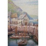 Two unframed oils on board of a Cornish harbour, signed James Greig and coastal inlet with figure by