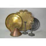 Antique pewter plate, two North African brass trays, a copper kettle and a pair of pewter