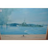 Mark Myers, signed colour print, HMS Kelly approaching Namos, Norway from a Limited Edition of 250