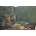 Watercolour, still life study, fruit, a spirit kettle, wine bottle and glass, unsigned, with ESK