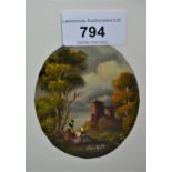 Van Holt, pair of miniature oval oil paintings on card, lake scenes with figures to the