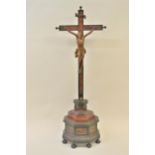 Antique Flemish ebonised, tortoiseshell and ivory line inlaid altar crucifix with a carved wooden