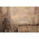 Oil on board, interior scene with seated figure, signed Fairlie .H. in ink, 17.5ins x 23ins