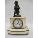 19th Century French alabaster and gilt metal mounted two train mantel clock with a bronze figural