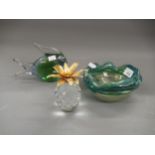 Swedish Art glass figure of a fish, Mdina dish and a Swarovski ornament in the form of a pineapple