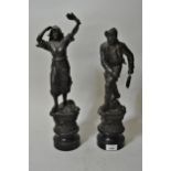 Pair of patinated spelter figures of a fisherman and woman