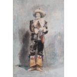 Two unframed watercolours, portrait of a 17th Century gentleman with a sword, signed M. Rioja ?