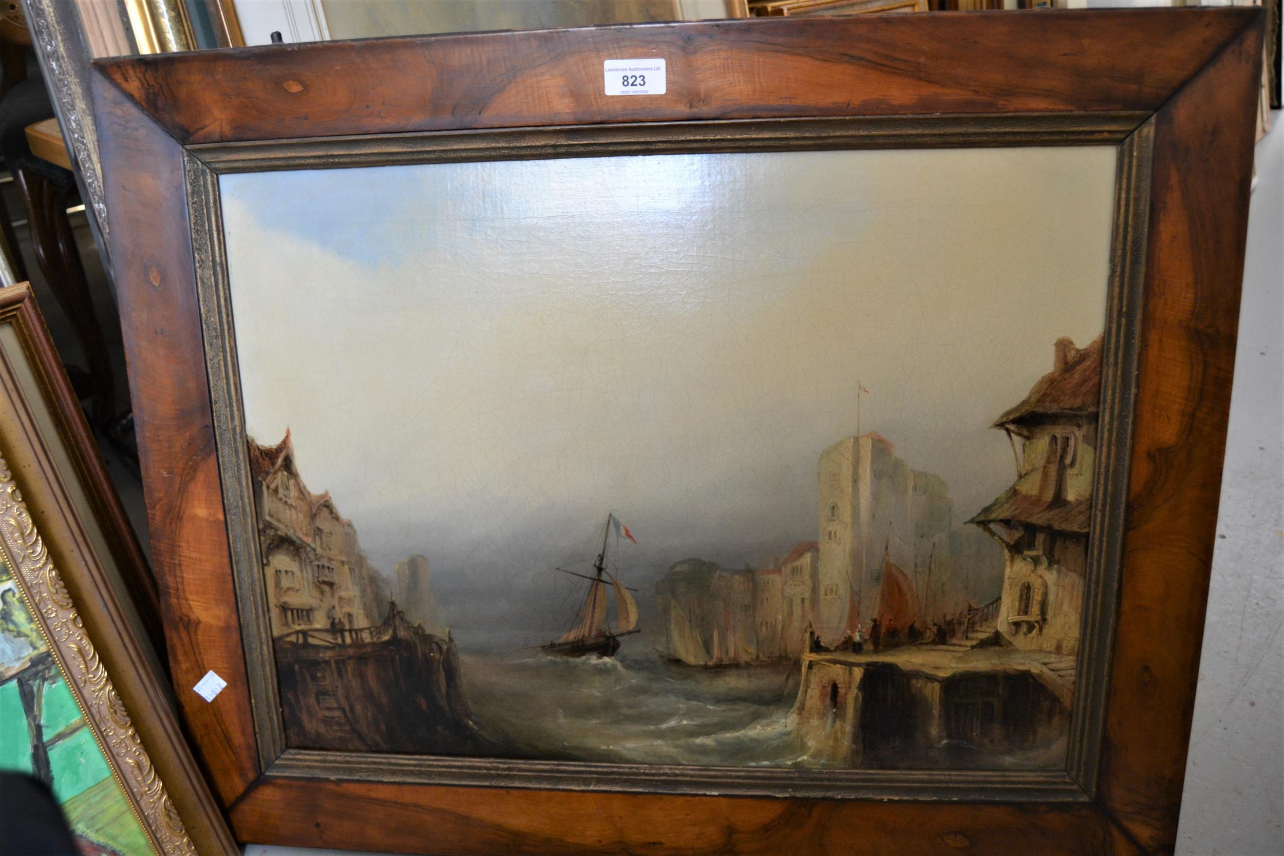 Early 19th Century oil on canvas, Dutch sailing vessel entering harbour, 17ins x 23ins, housed in - Image 2 of 2
