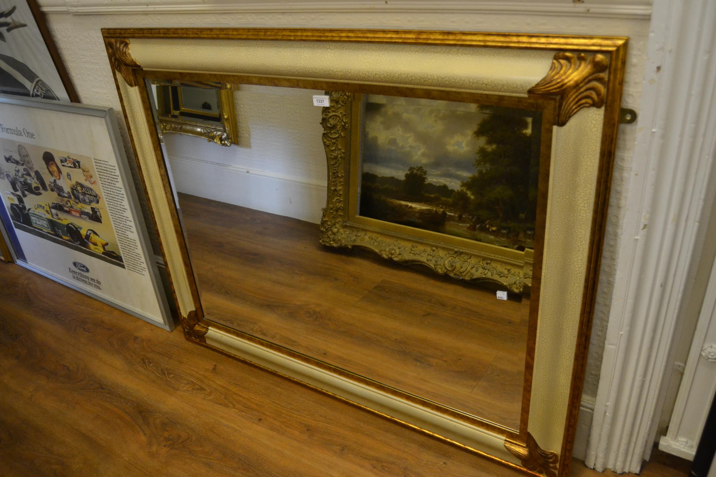 Reproduction gilt and cream lacquered bevelled edge wall mirror, 39ins x 49ins