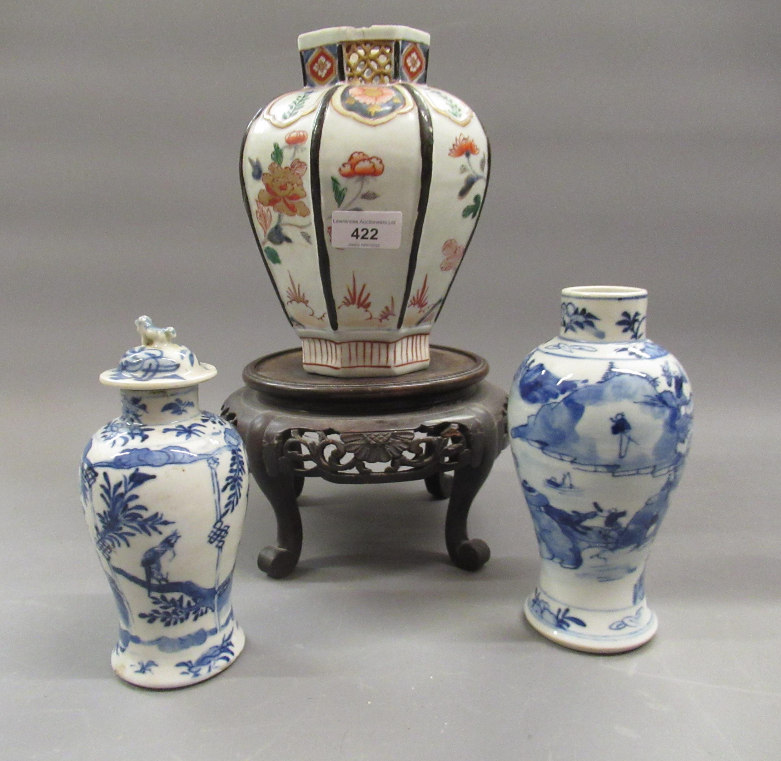 Japanese Imari octagonal baluster form vase, 7.75ins high (at fault), together with two small