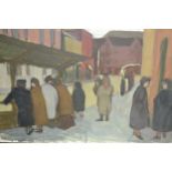Modern British school, oil on board, figures at a bus stop, inscribed verso ' O. Sedge ', 16ins x