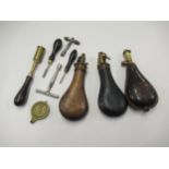 Quantity of various 19th Century shooting accessories including two unusual rifle flasks, a brass