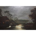 19th Century oil on canvas, moonlit river landscape with millhouse, 19.5ins x 29.5ins