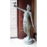 Modern green patinated bronze floor lamp in the form of a standing classical maiden holding a torch,