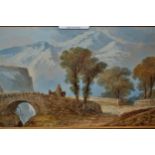 Group of three 19th Century watercolours, figures and animals on country tracks and on a bridge,