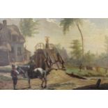Early 19th Century oil on oak panel, rural scene with figures and horse to foreground, 6ins x 7.5ins