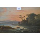 19th Century gouache, Continental lake scene with figures to the foreground, 10.5ins x 16ins, gilt