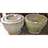 Three various circular cast concrete garden pots