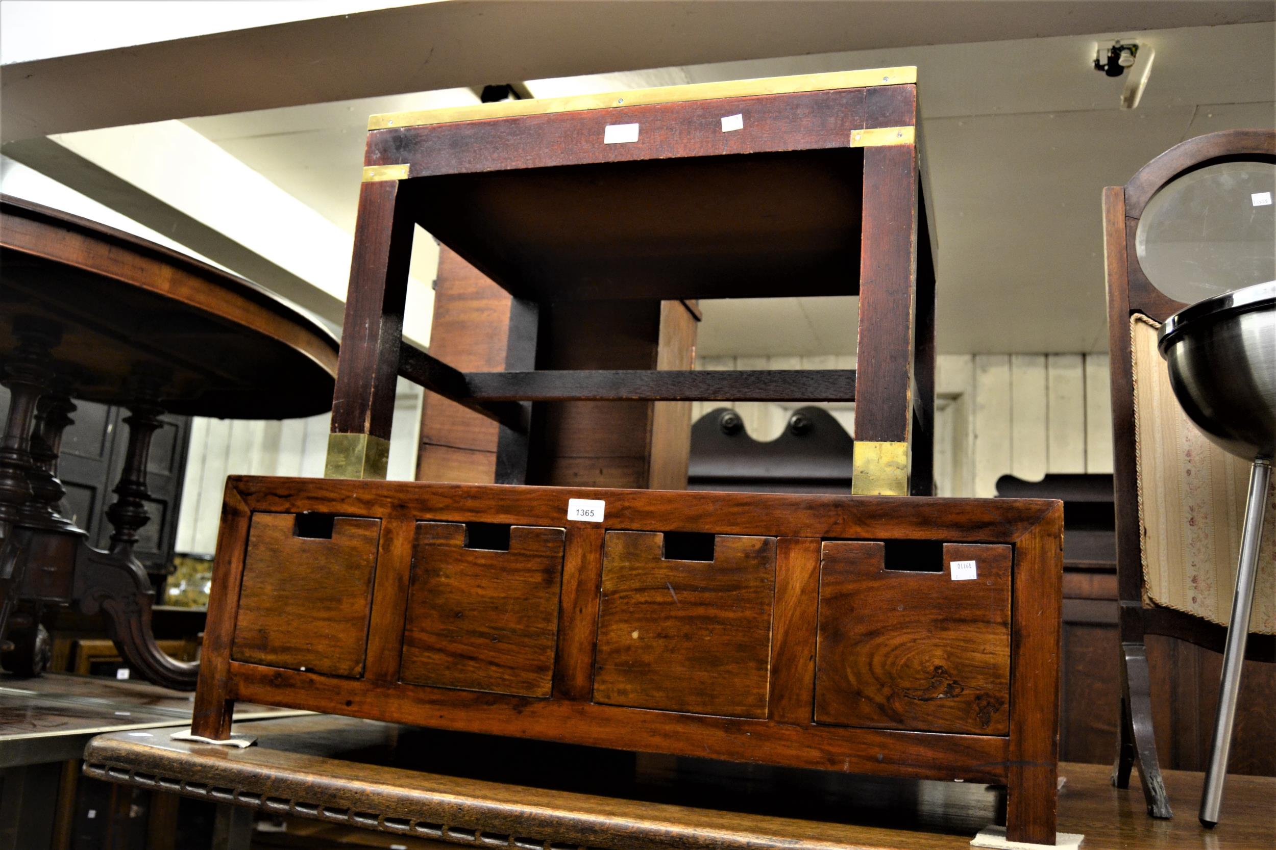 Low Eastern hardwood coffee table / drawer unit, together with a modern glass top chess table