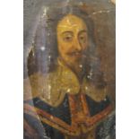 Small antique oil painting on canvas laid down on panel, portrait of Charles I, oval, 6.75ins x 5.