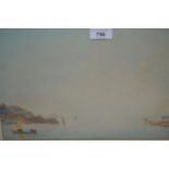 H. Medlycott, watercolour, Continental lake scene with boats, 8.5ins x 15.5ins, gilt framed