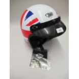 Open face Union Jack motorcycle crash helmet with tags