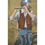 Mid 20th Century mixed media study, portrait of a flautist, signed indistinctly, 29ins x 20.5ins,