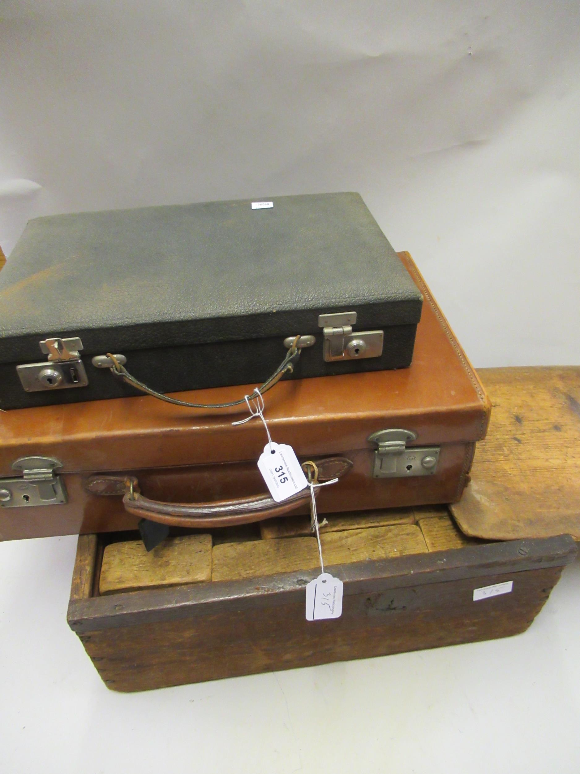 Leather travel writing case, leather suitcase and a children's boxed wooden stacking brick set